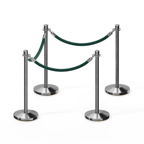 Montour Line Stanchion Post and Rope Kit Pol.Steel, 4 Crown Top 3 Green Rope C-Kit-4-PS-CN-3-PVR-GN-PS